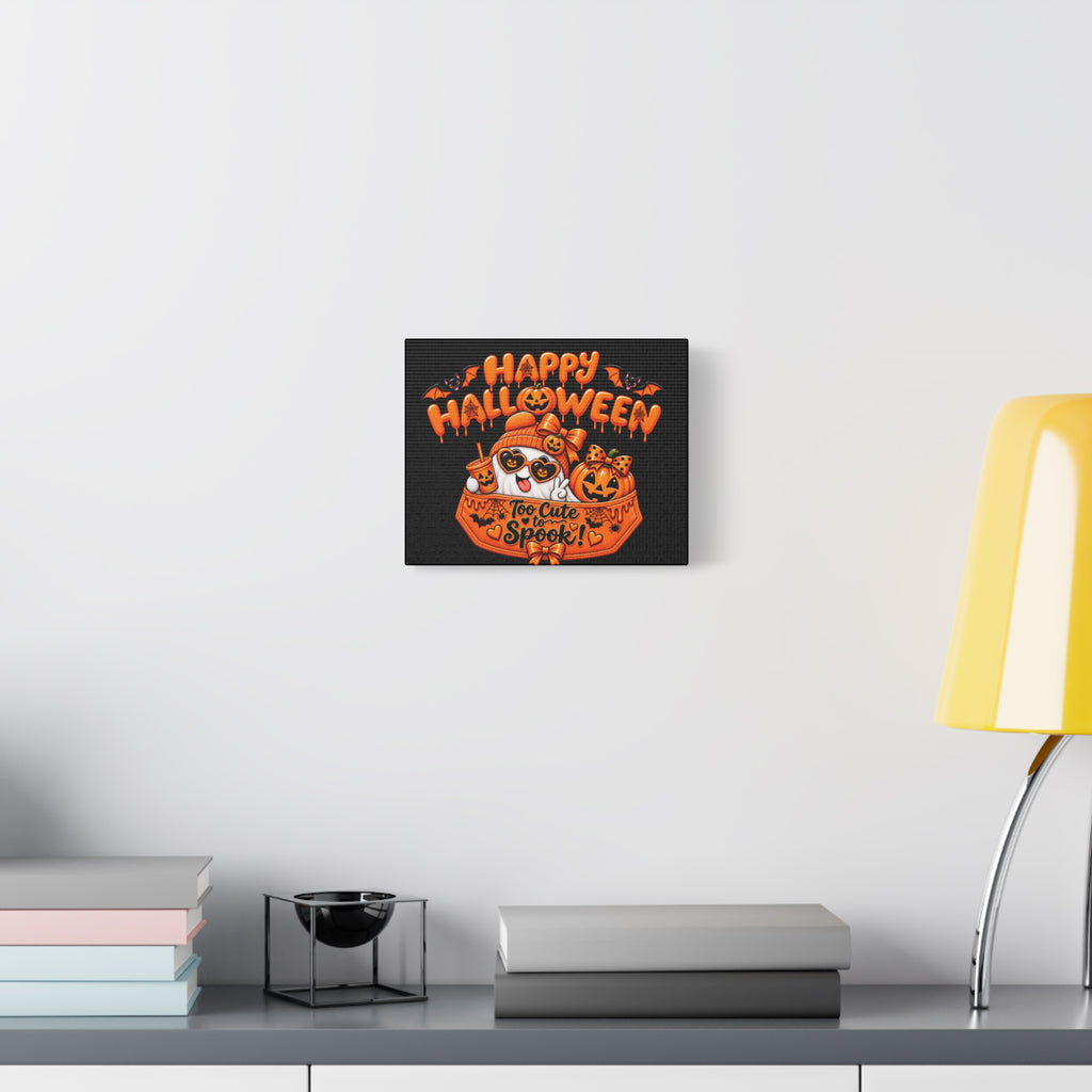Happy Halloween Canvas — "Too Cute to Spook!" Kawaii Pumpkin Ghost Wall Art