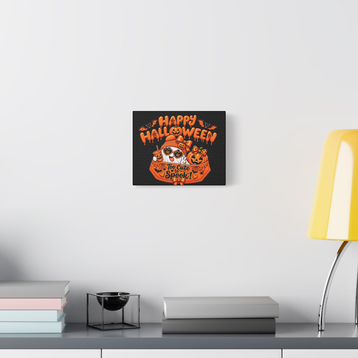 Happy Halloween Canvas — "Too Cute to Spook!" Kawaii Pumpkin Ghost Wall Art