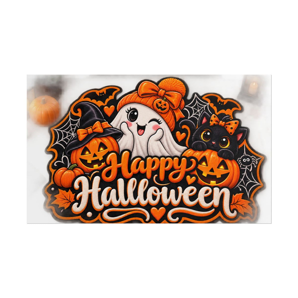 Happy Halloween Rolled Poster — Cute Ghost, Pumpkins & Black Cat Halloween Wall Art