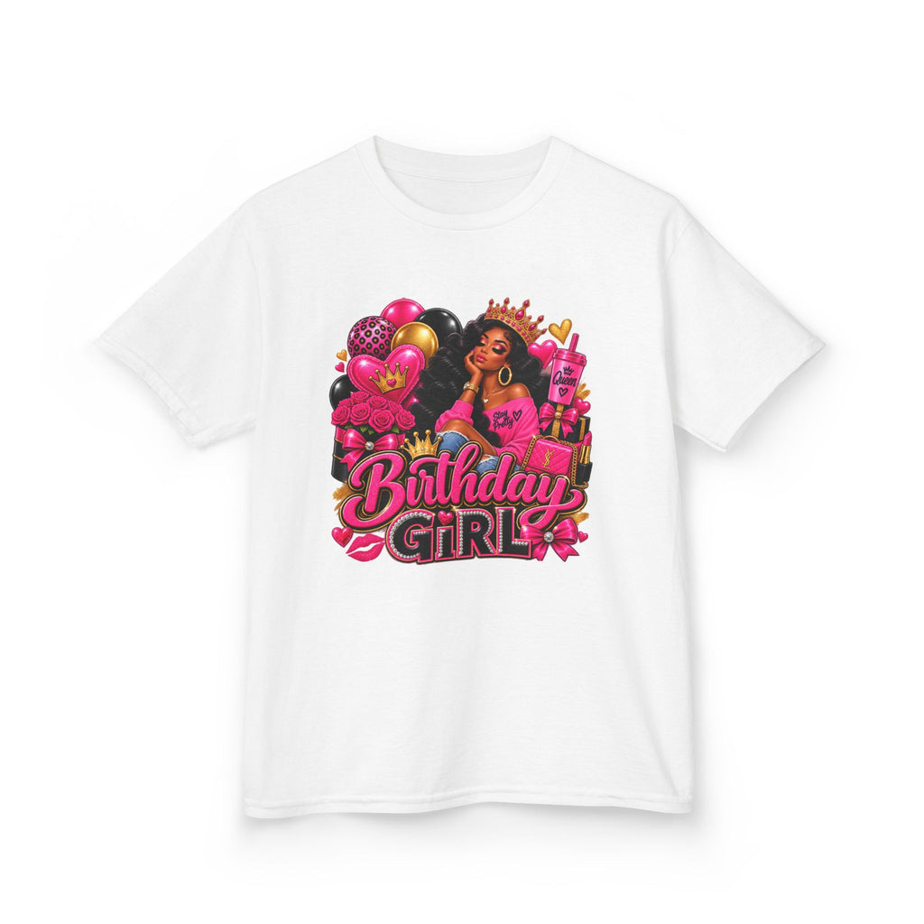 Birthday Girl Kids Tee — Pink Balloons & Crown Birthday Shirt