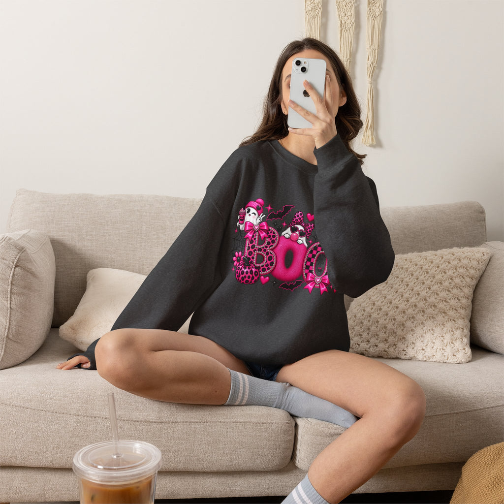 Halloween 'Boo' Graphic Sweatshirt — Cute Pink Ghosts & Bats Cozy Pullover