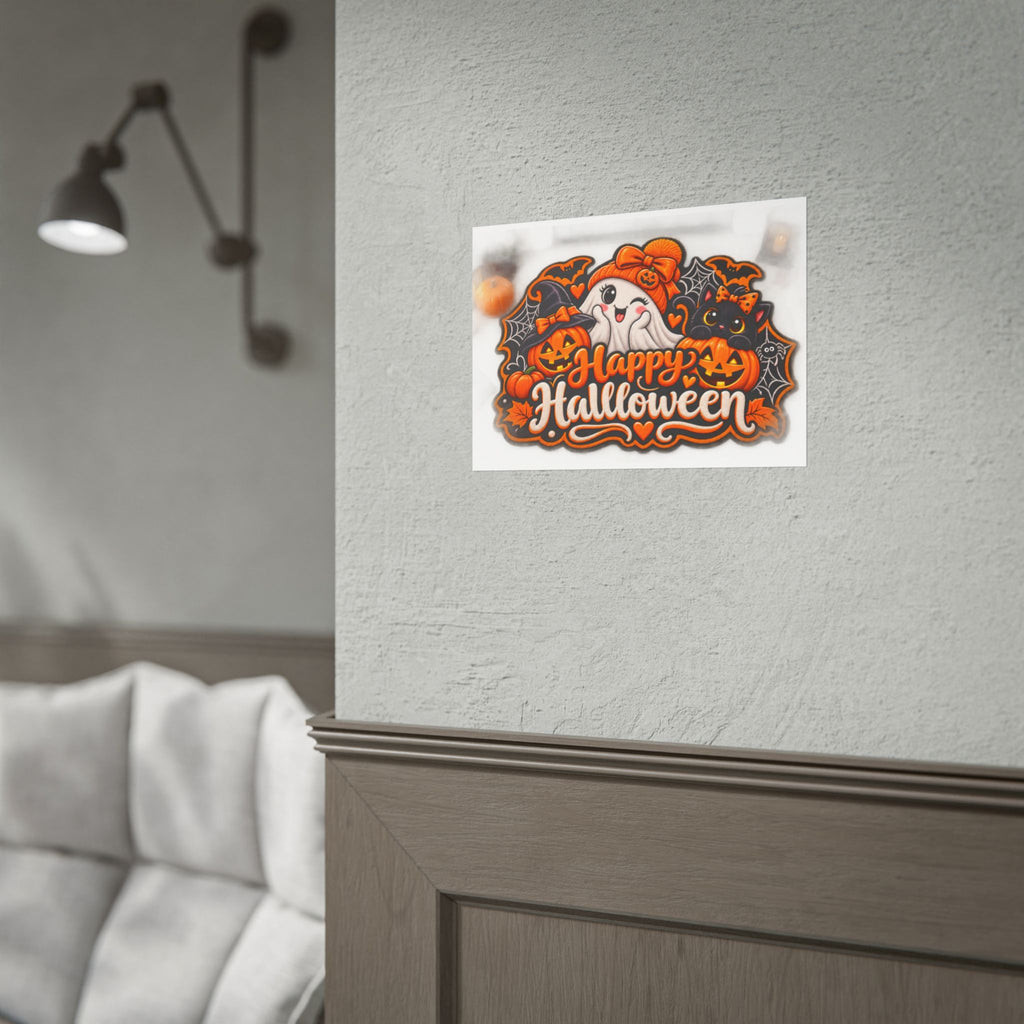 Happy Halloween Rolled Poster — Cute Ghost, Pumpkins & Black Cat Halloween Wall Art