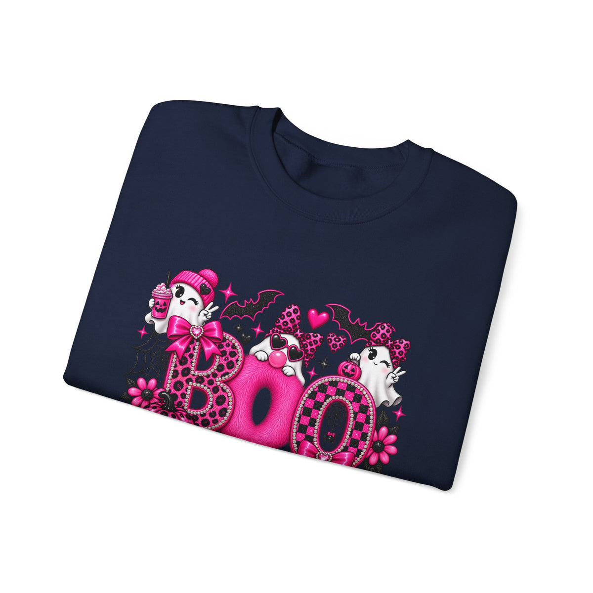 Halloween 'Boo' Graphic Sweatshirt — Cute Pink Ghosts & Bats Cozy Pullover