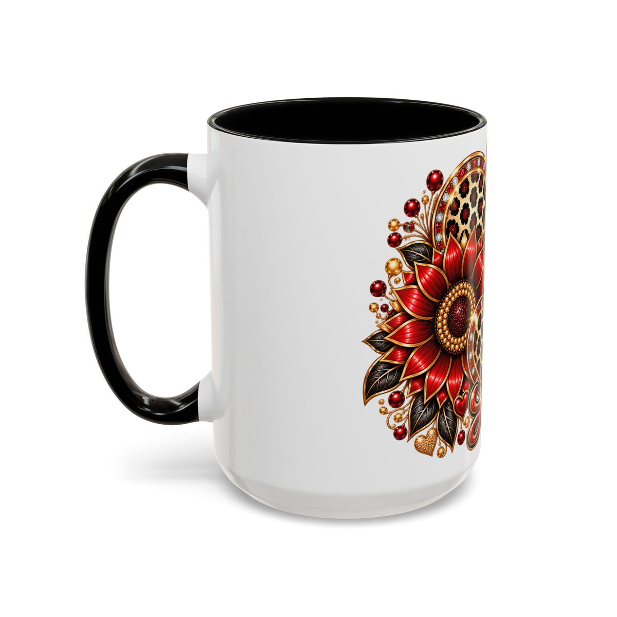 Love Heart Accent Coffee Mug — Red Leopard Floral Valentine Gift (11/15 oz)