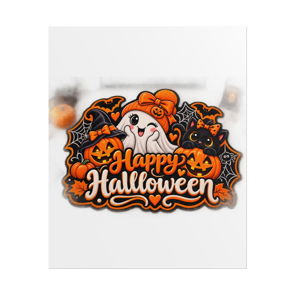 Happy Halloween Rolled Poster — Cute Ghost, Pumpkins & Black Cat Halloween Wall Art