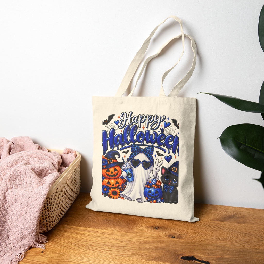 Halloween Ghost & Cats Cotton Tote Bag — "Happy Halloween" Trick-or-Treat Canvas Shopper
