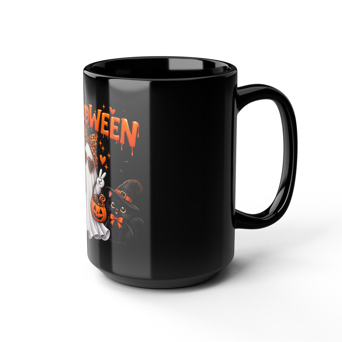 Halloween Ghost & Pumpkins Black Mug – Cute Spooky Coffee Cup (11oz/15oz)