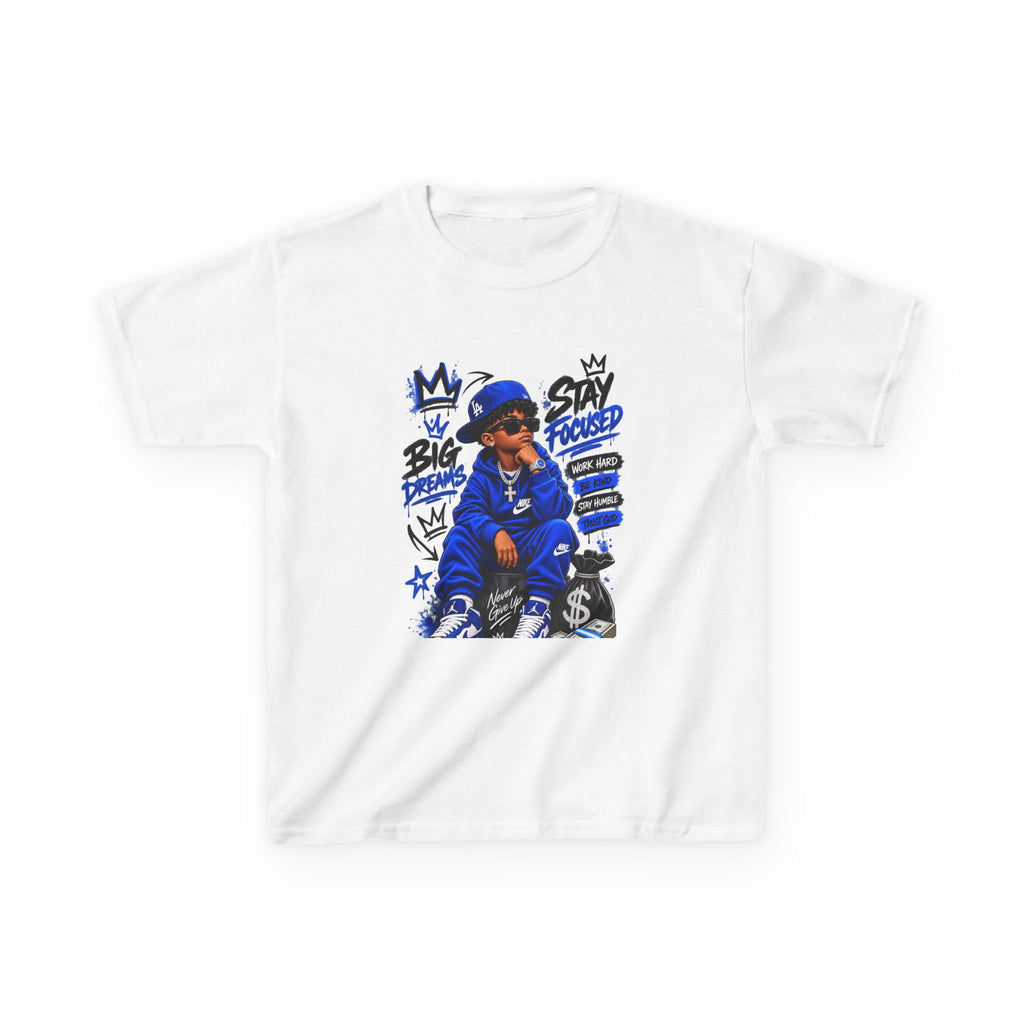 Kids Tee — Blue Streetwear King Graphic (Stay Focused)
