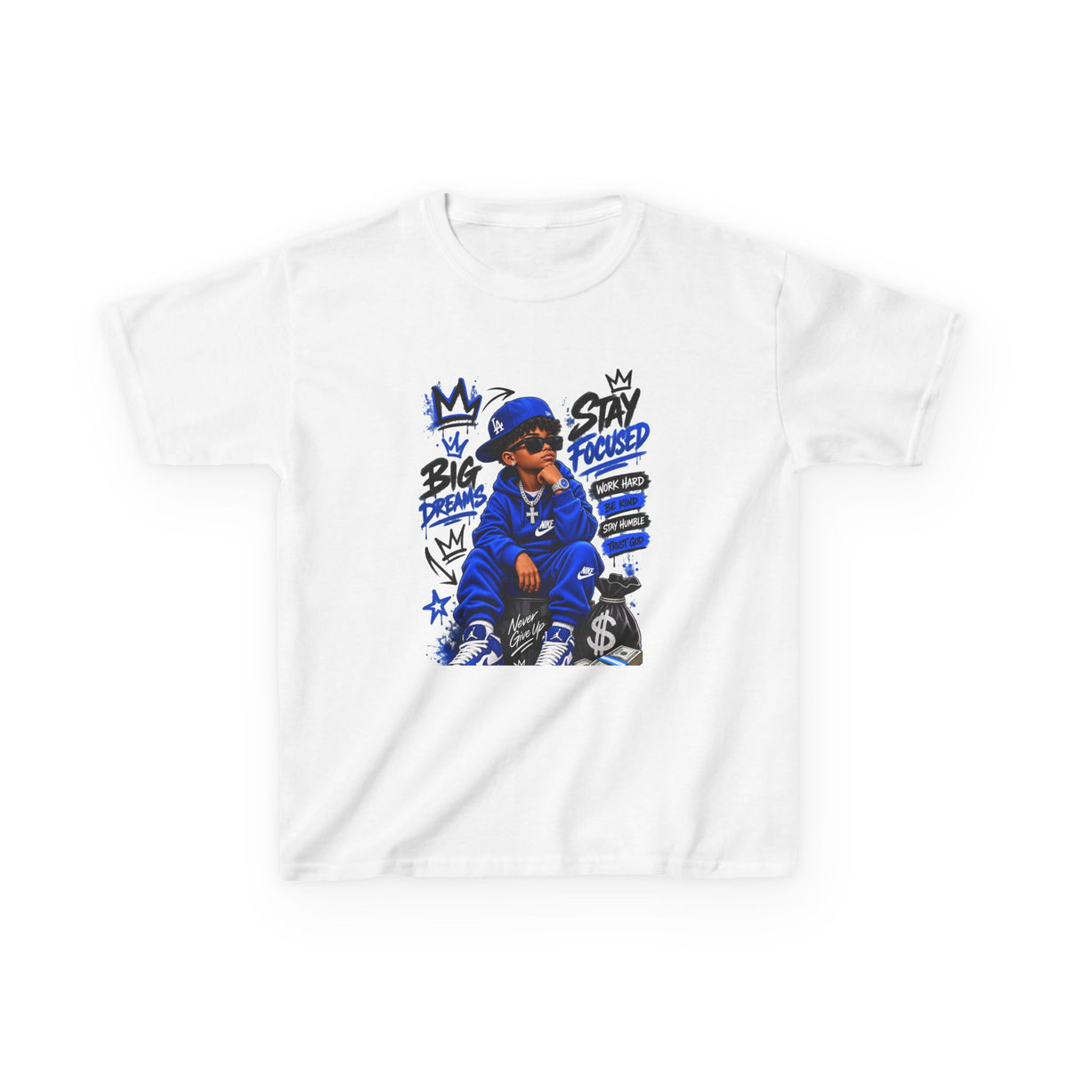 Kids Tee — Blue Streetwear King Graphic (Stay Focused)