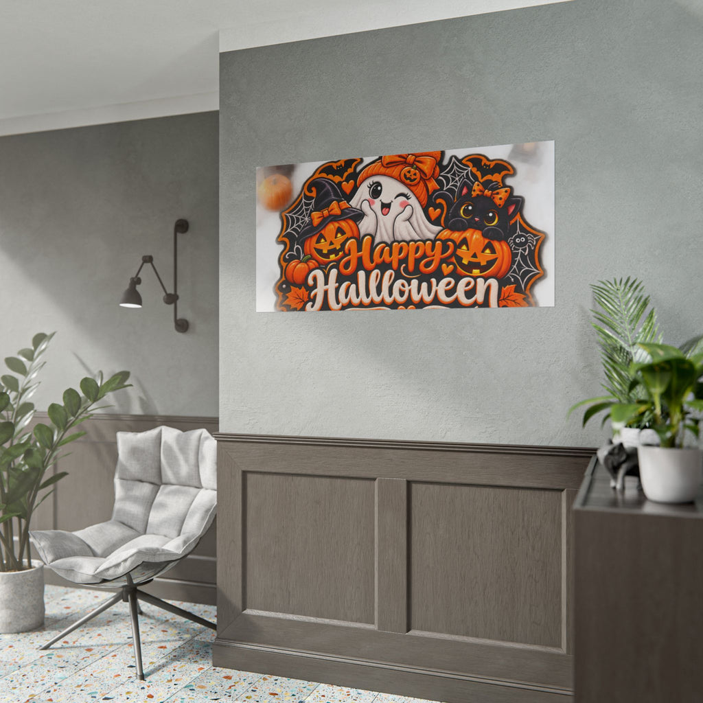 Happy Halloween Rolled Poster — Cute Ghost, Pumpkins & Black Cat Halloween Wall Art
