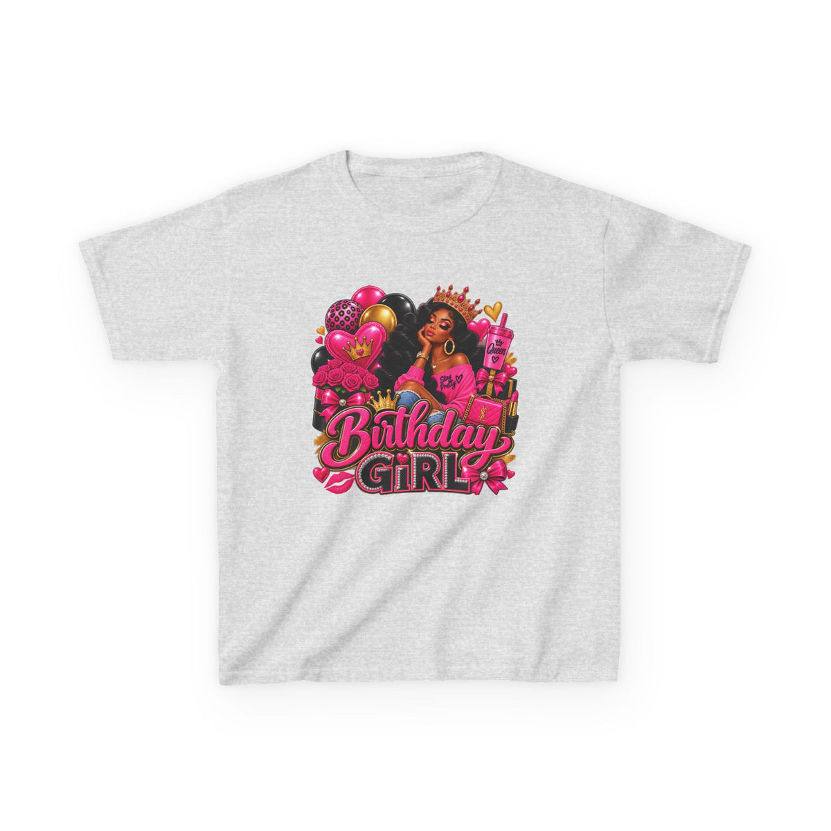Birthday Girl Kids Tee — Pink Balloons & Crown Birthday Shirt