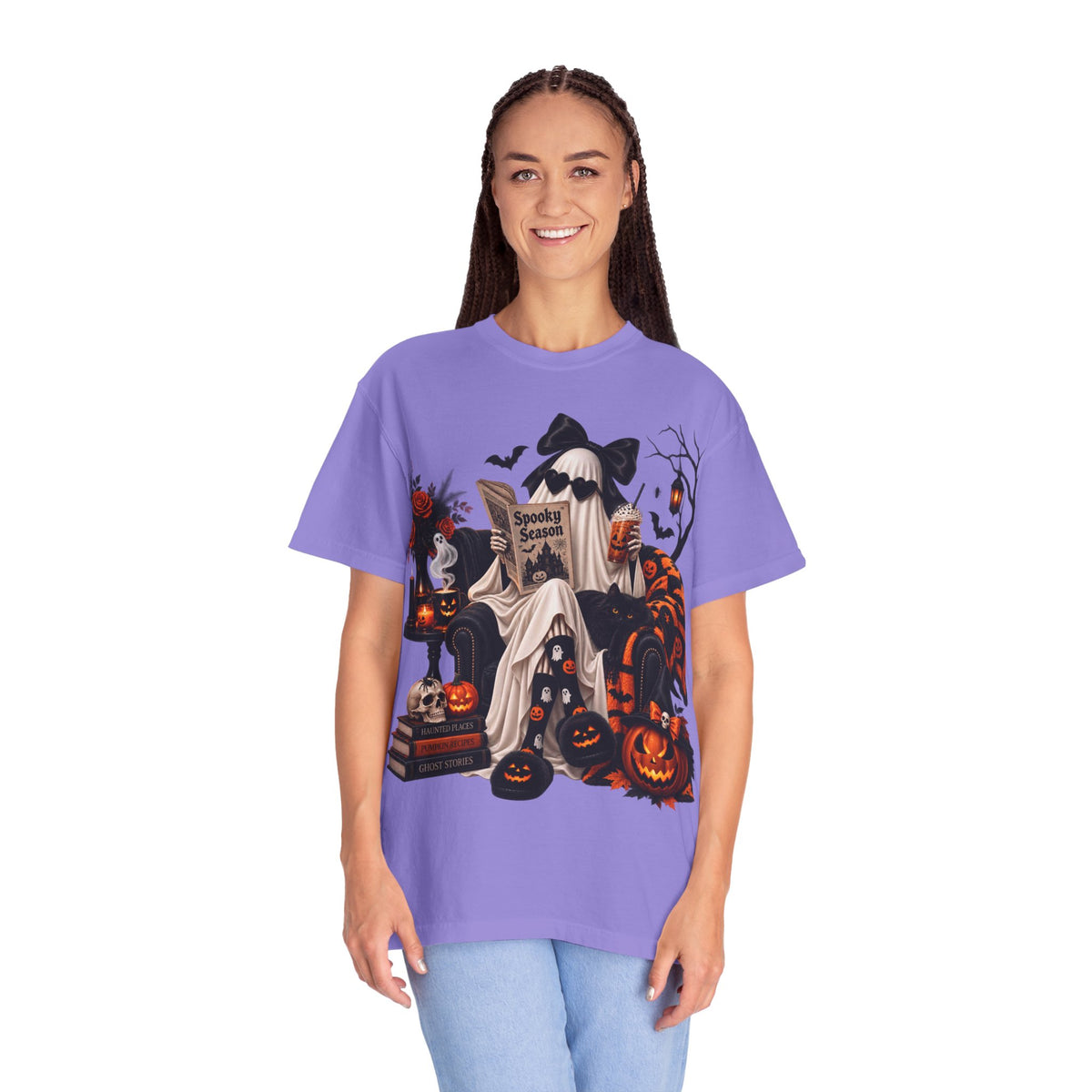 Halloween Ghost Reading T-Shirt — Spooky Pumpkin & 'Spooky Season' Graphic