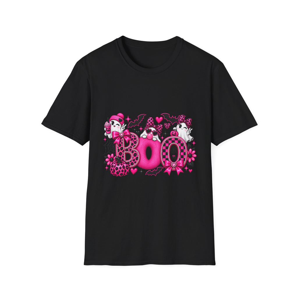 Boo! Pink Gothic Halloween T-Shirt — Cute Ghosts, Bats & Hearts Design