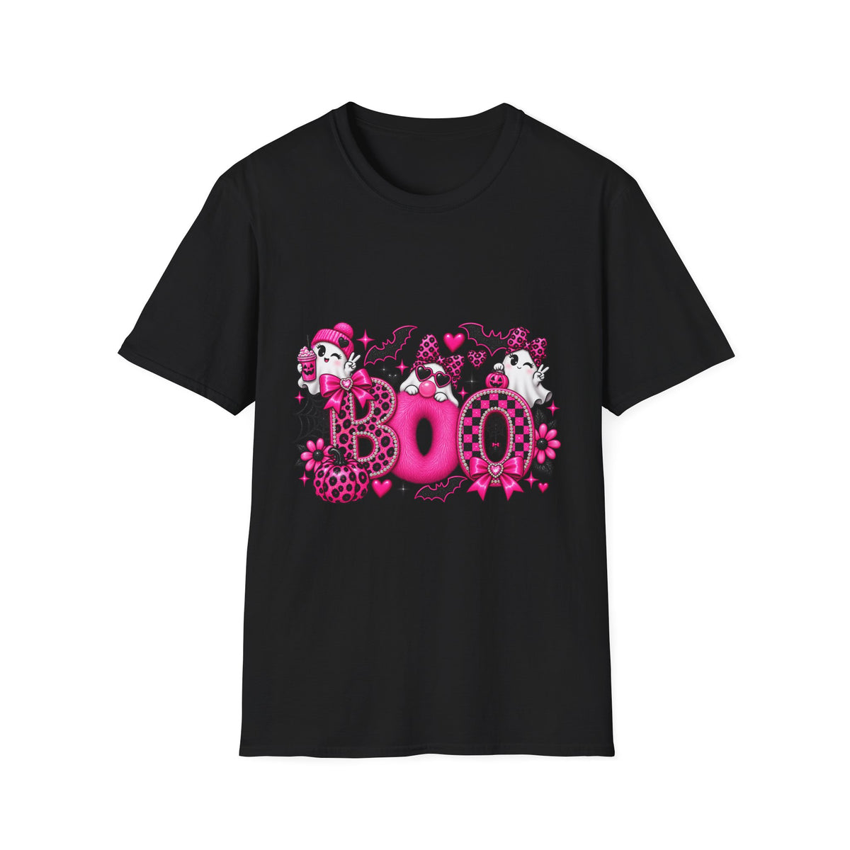 Boo! Pink Gothic Halloween T-Shirt — Cute Ghosts, Bats & Hearts Design