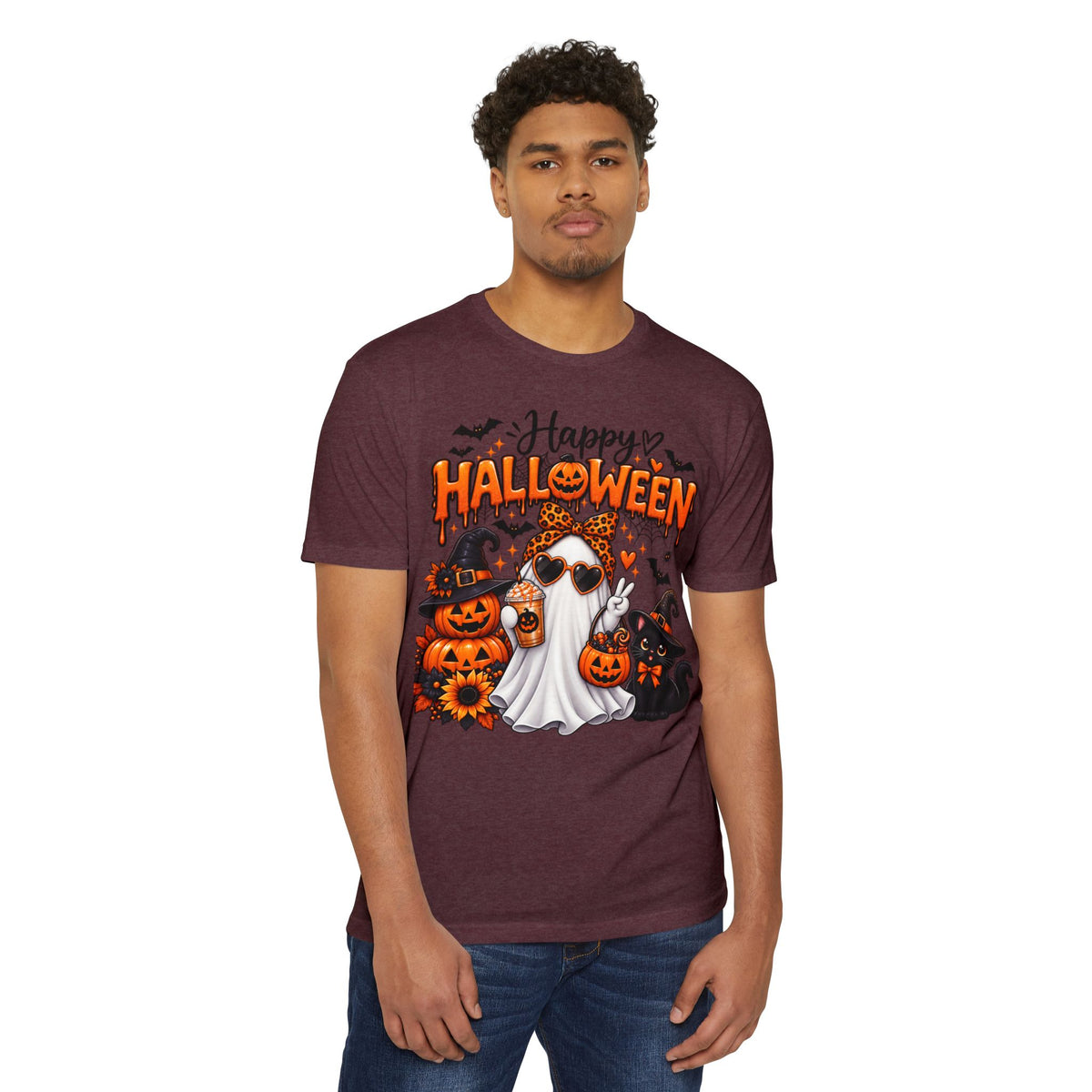 Halloween Ghost Tee - "Happy Halloween" Cute Pumpkin & Black Cat Graphic T-Shirt