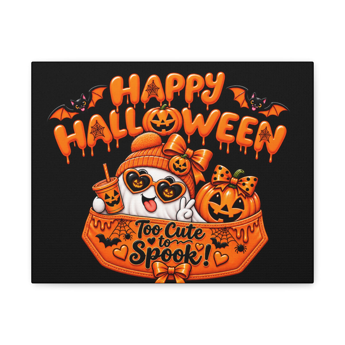 Happy Halloween Canvas — "Too Cute to Spook!" Kawaii Pumpkin Ghost Wall Art
