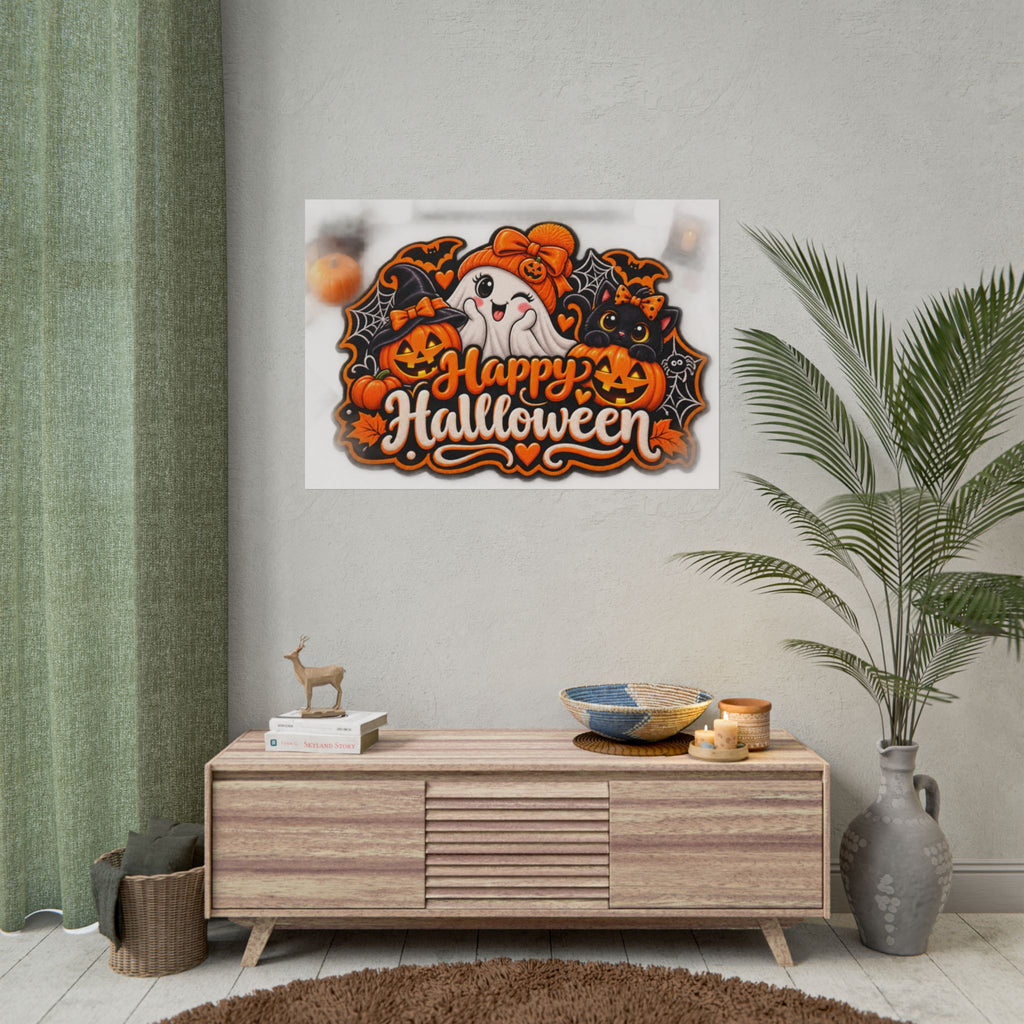 Happy Halloween Rolled Poster — Cute Ghost, Pumpkins & Black Cat Halloween Wall Art