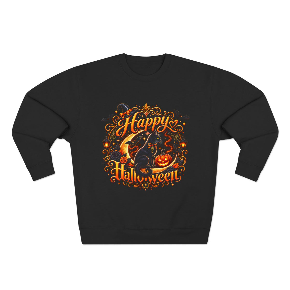 Happy Halloween Crewneck Sweatshirt — Festive Pumpkin & Witch Hat Holiday Sweater
