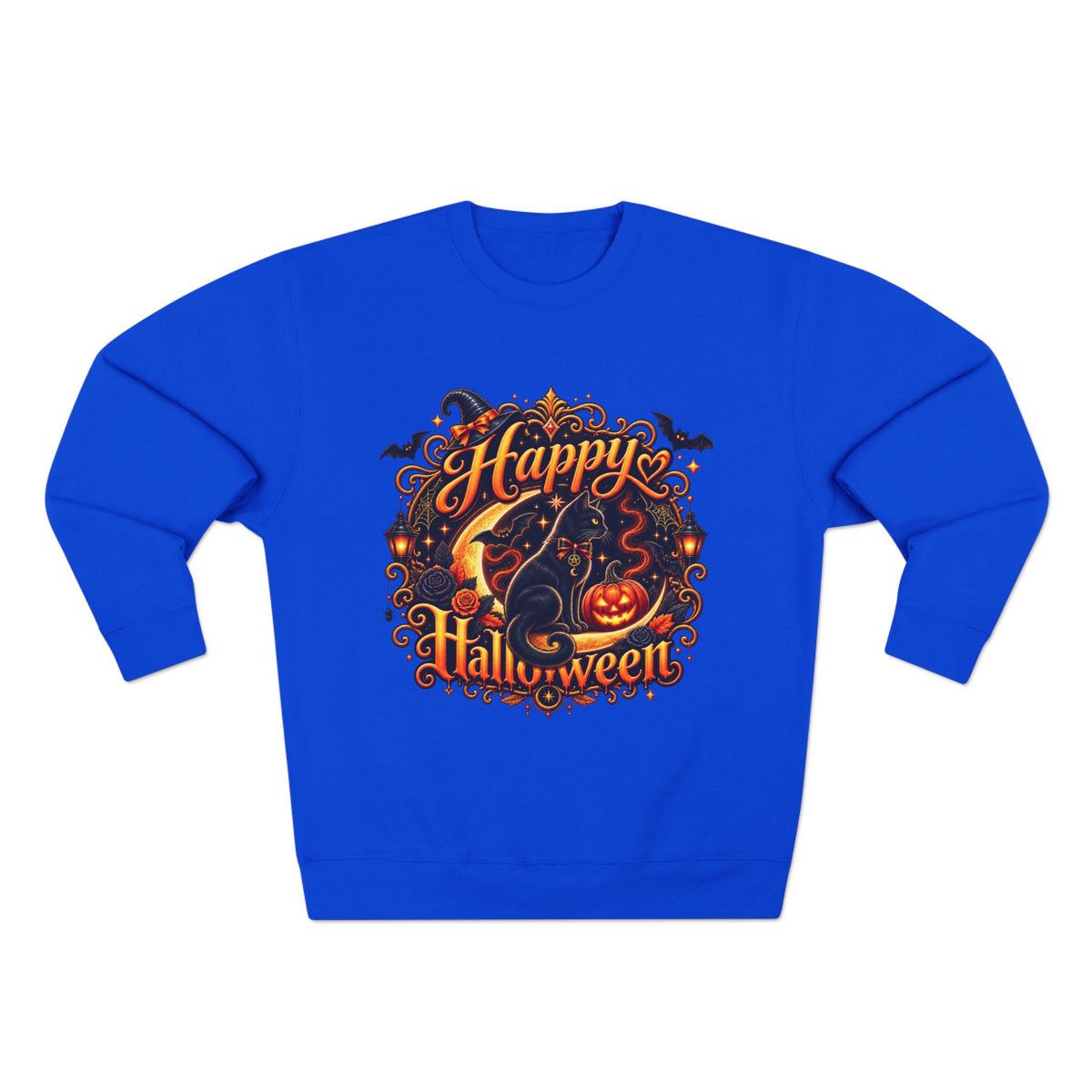 Happy Halloween Crewneck Sweatshirt — Festive Pumpkin & Witch Hat Holiday Sweater
