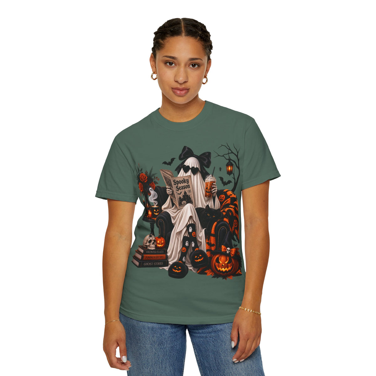 Halloween Ghost Reading T-Shirt — Spooky Pumpkin & 'Spooky Season' Graphic