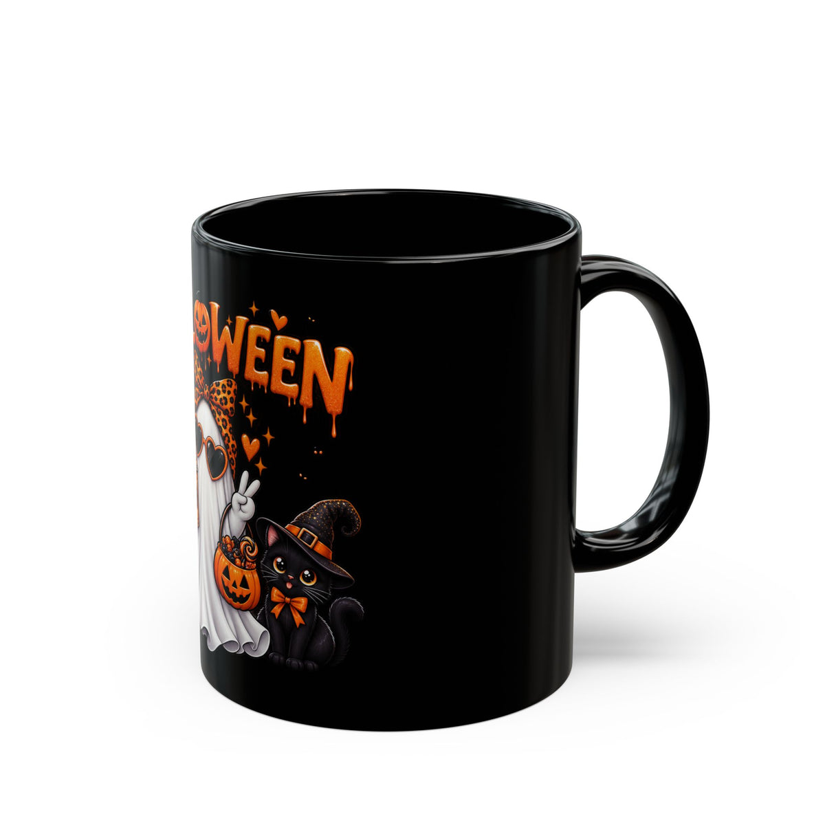 Halloween Ghost & Pumpkins Black Mug – Cute Spooky Coffee Cup (11oz/15oz)