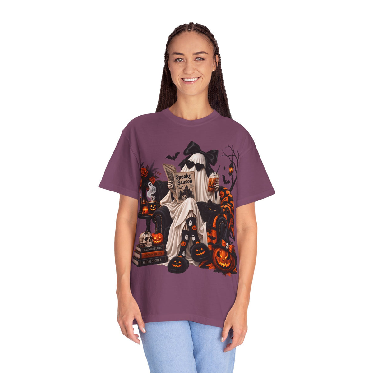 Halloween Ghost Reading T-Shirt — Spooky Pumpkin & 'Spooky Season' Graphic