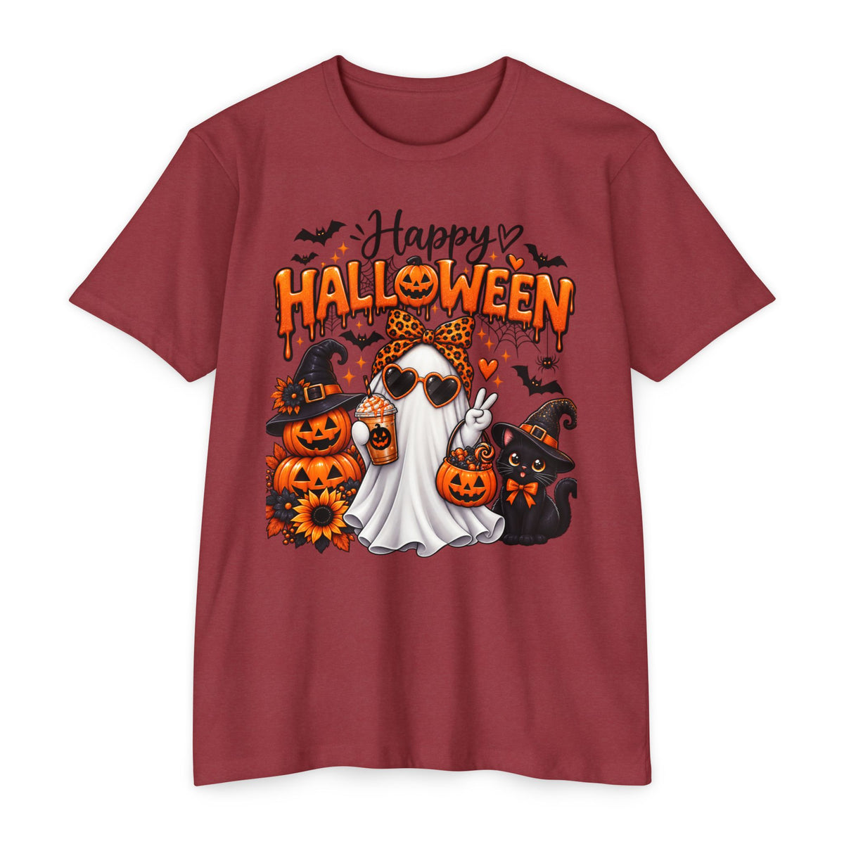 Halloween Ghost Tee - "Happy Halloween" Cute Pumpkin & Black Cat Graphic T-Shirt