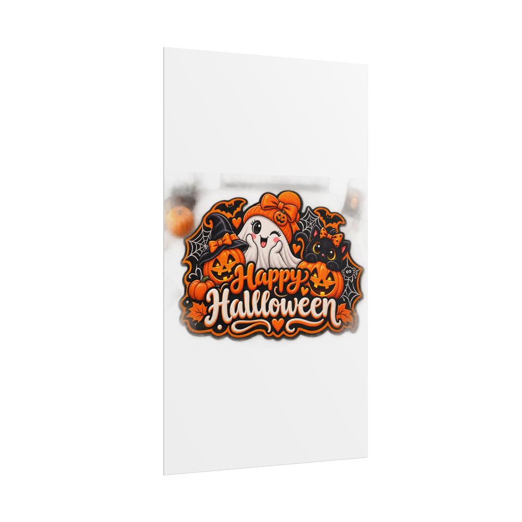 Happy Halloween Rolled Poster — Cute Ghost, Pumpkins & Black Cat Halloween Wall Art