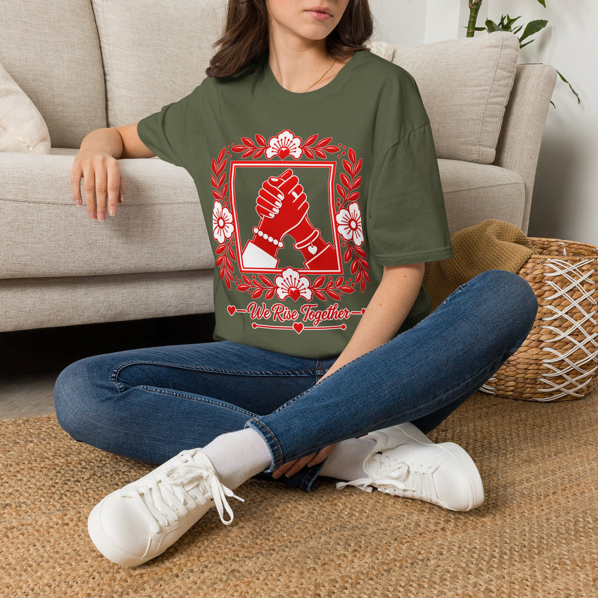 We Rise Together T-Shirt — Red Floral Unity Design