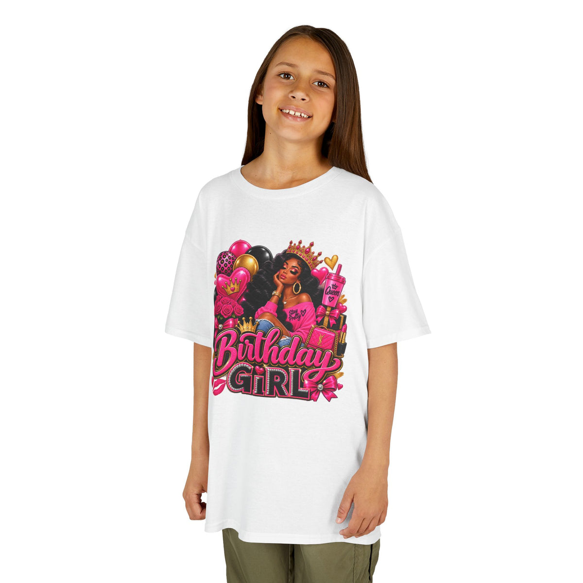 Birthday Girl Kids Tee — Pink Balloons & Crown Birthday Shirt