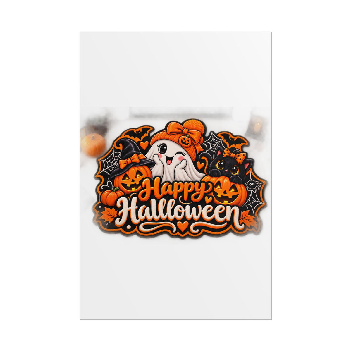 Happy Halloween Rolled Poster — Cute Ghost, Pumpkins & Black Cat Halloween Wall Art