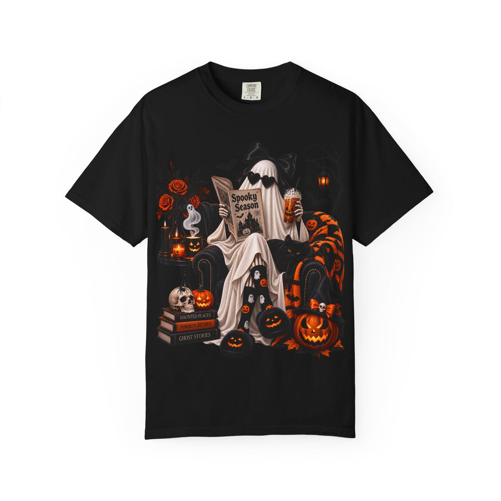 Halloween Ghost Reading T-Shirt — Spooky Pumpkin & 'Spooky Season' Graphic