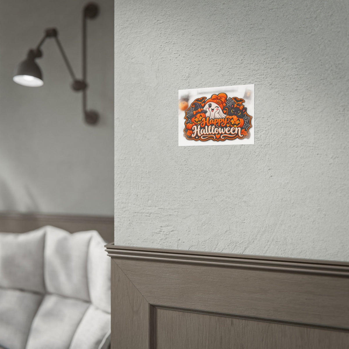 Happy Halloween Rolled Poster — Cute Ghost, Pumpkins & Black Cat Halloween Wall Art