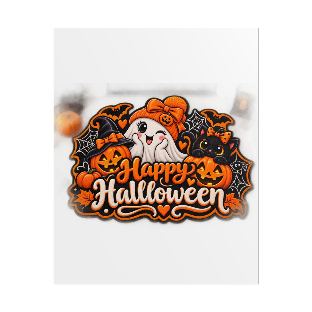 Happy Halloween Rolled Poster — Cute Ghost, Pumpkins & Black Cat Halloween Wall Art