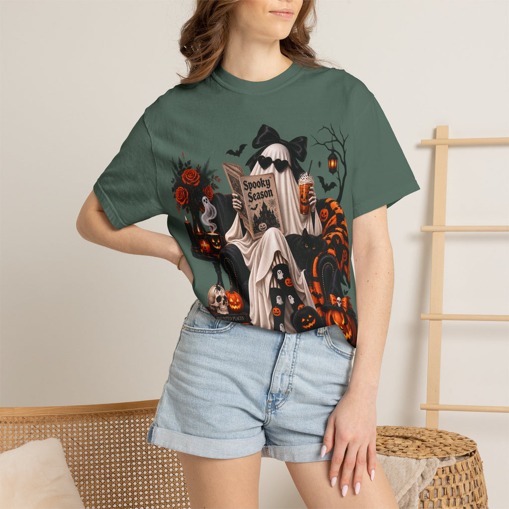Halloween Ghost Reading T-Shirt — Spooky Pumpkin & 'Spooky Season' Graphic