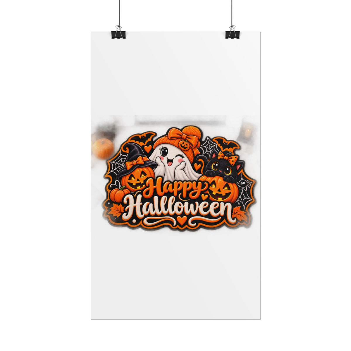 Happy Halloween Rolled Poster — Cute Ghost, Pumpkins & Black Cat Halloween Wall Art