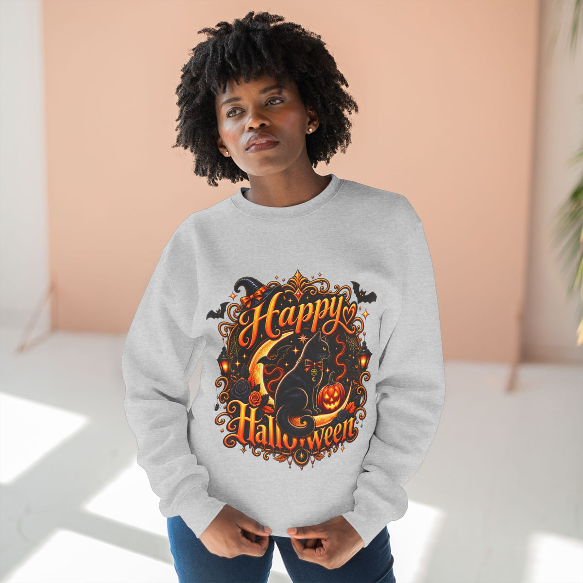 Happy Halloween Crewneck Sweatshirt — Festive Pumpkin & Witch Hat Holiday Sweater