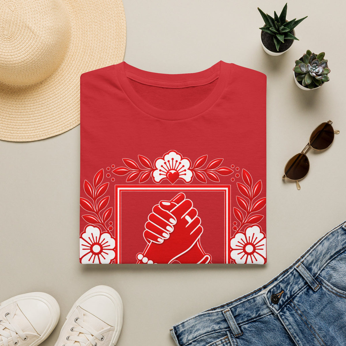 We Rise Together T-Shirt — Red Floral Unity Design