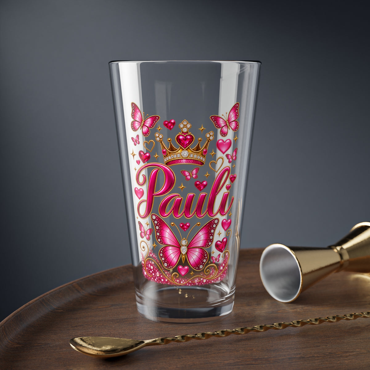 16oz Mixing Glass — Personalized 'Pauli' Pink Butterfly Crown Cocktail Shaker Glass