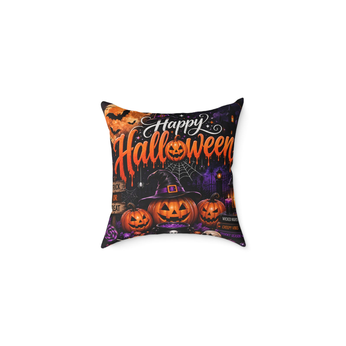 Halloween Pumpkin Pillow - "Happy Halloween" Square Decorative Throw Pillow