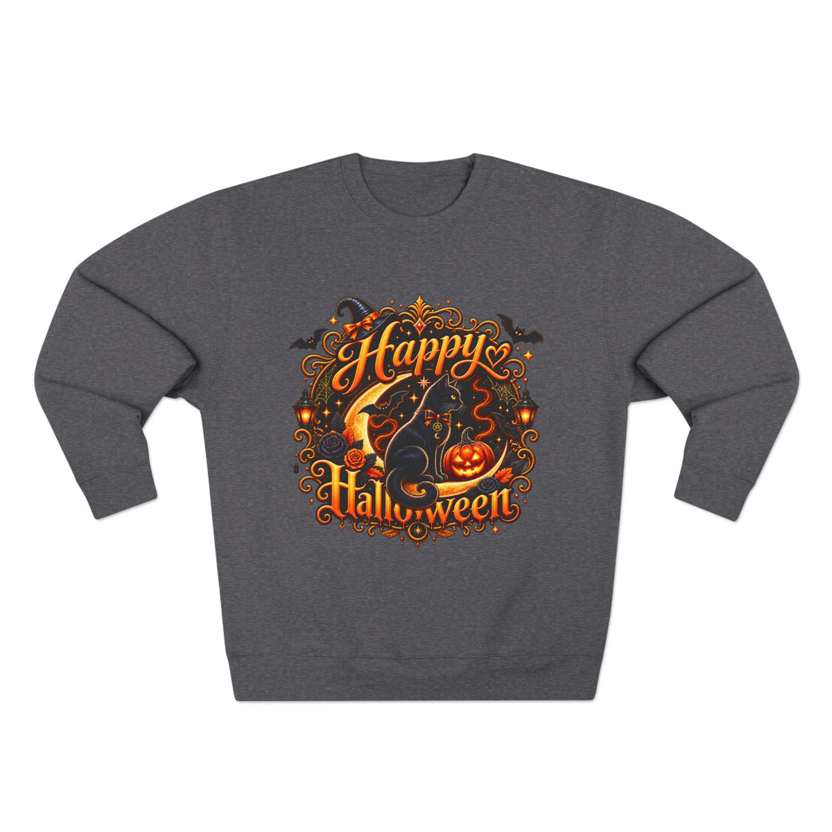 Happy Halloween Crewneck Sweatshirt — Festive Pumpkin & Witch Hat Holiday Sweater