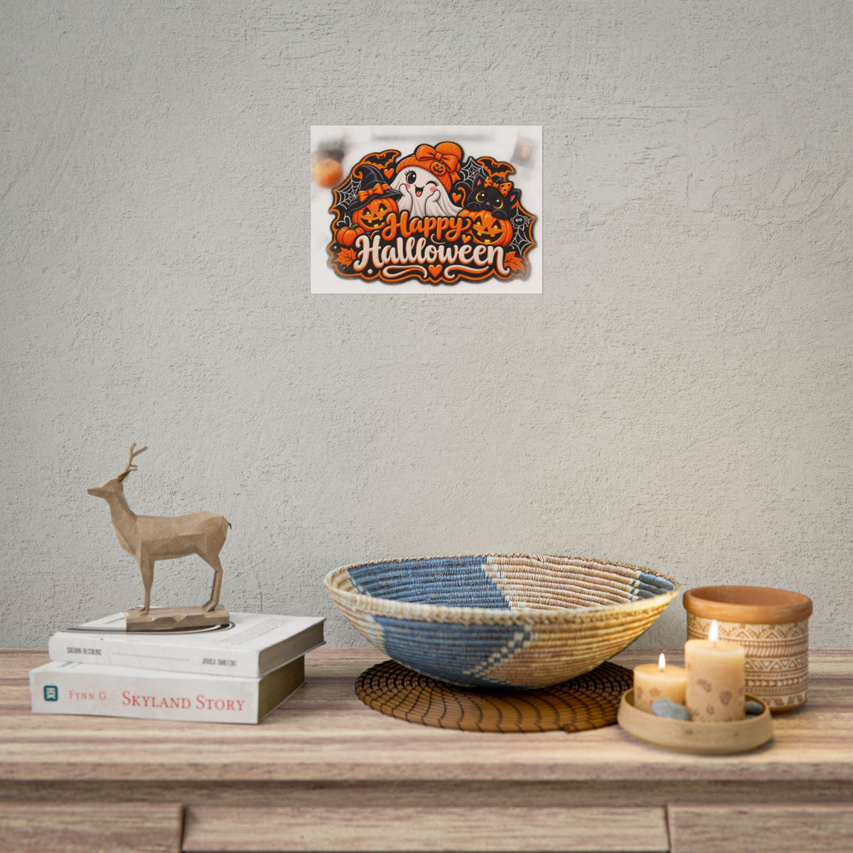 Happy Halloween Rolled Poster — Cute Ghost, Pumpkins & Black Cat Halloween Wall Art