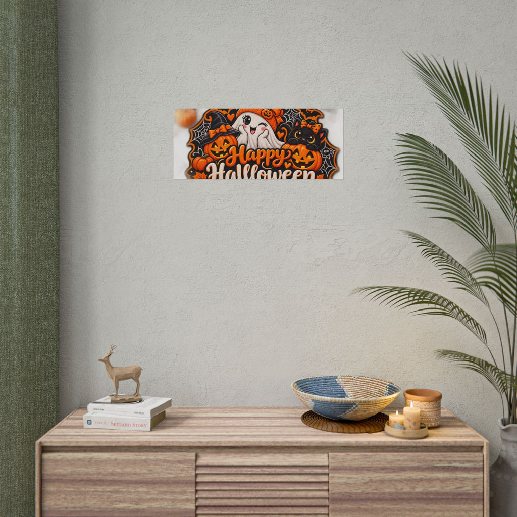 Happy Halloween Rolled Poster — Cute Ghost, Pumpkins & Black Cat Halloween Wall Art