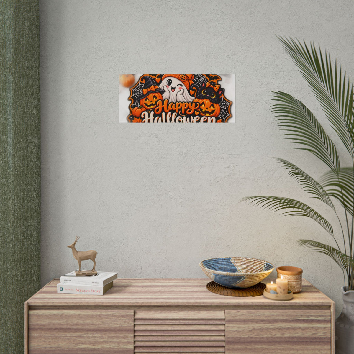 Happy Halloween Rolled Poster — Cute Ghost, Pumpkins & Black Cat Halloween Wall Art