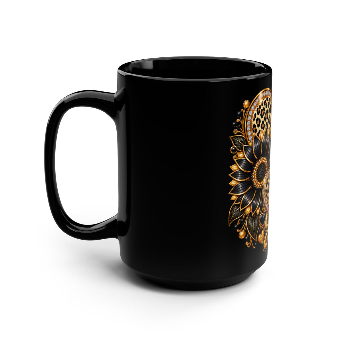 Love Leopard Gold Heart Black Mug – 15oz Glam Coffee Cup