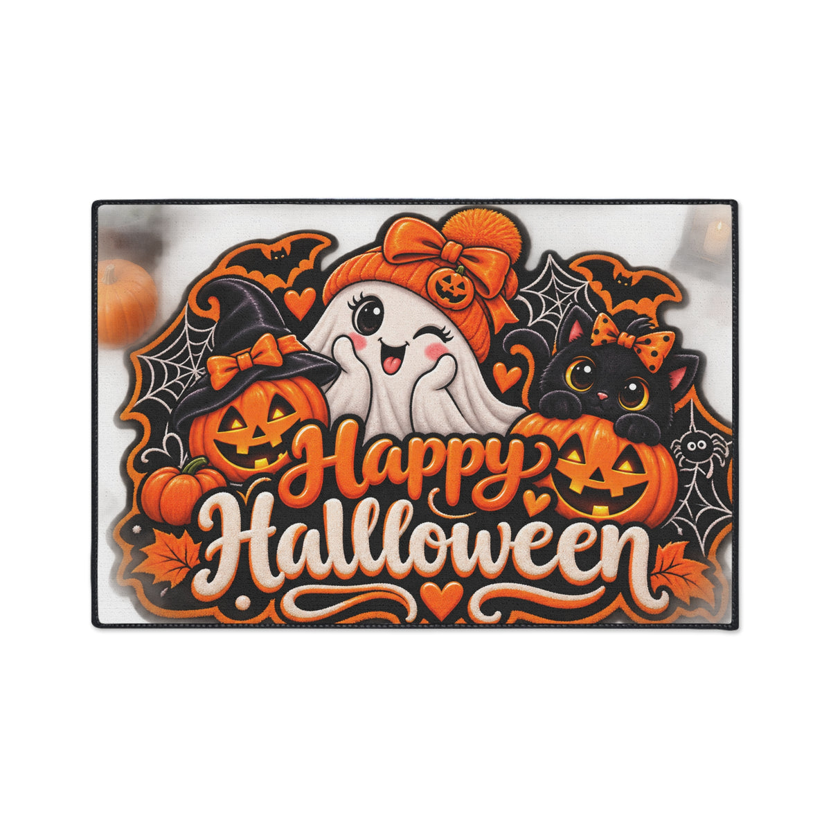 Halloween Doormat - Happy Halloween Cute Ghost & Black Cat Heavy Duty Floor Mat