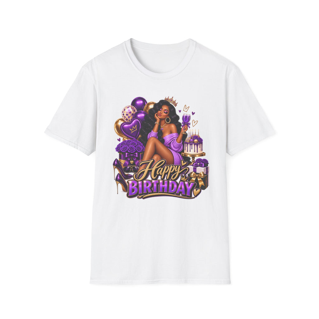 Birthday Queen T-Shirt — Black Woman with Crown, Purple Balloons & Cake