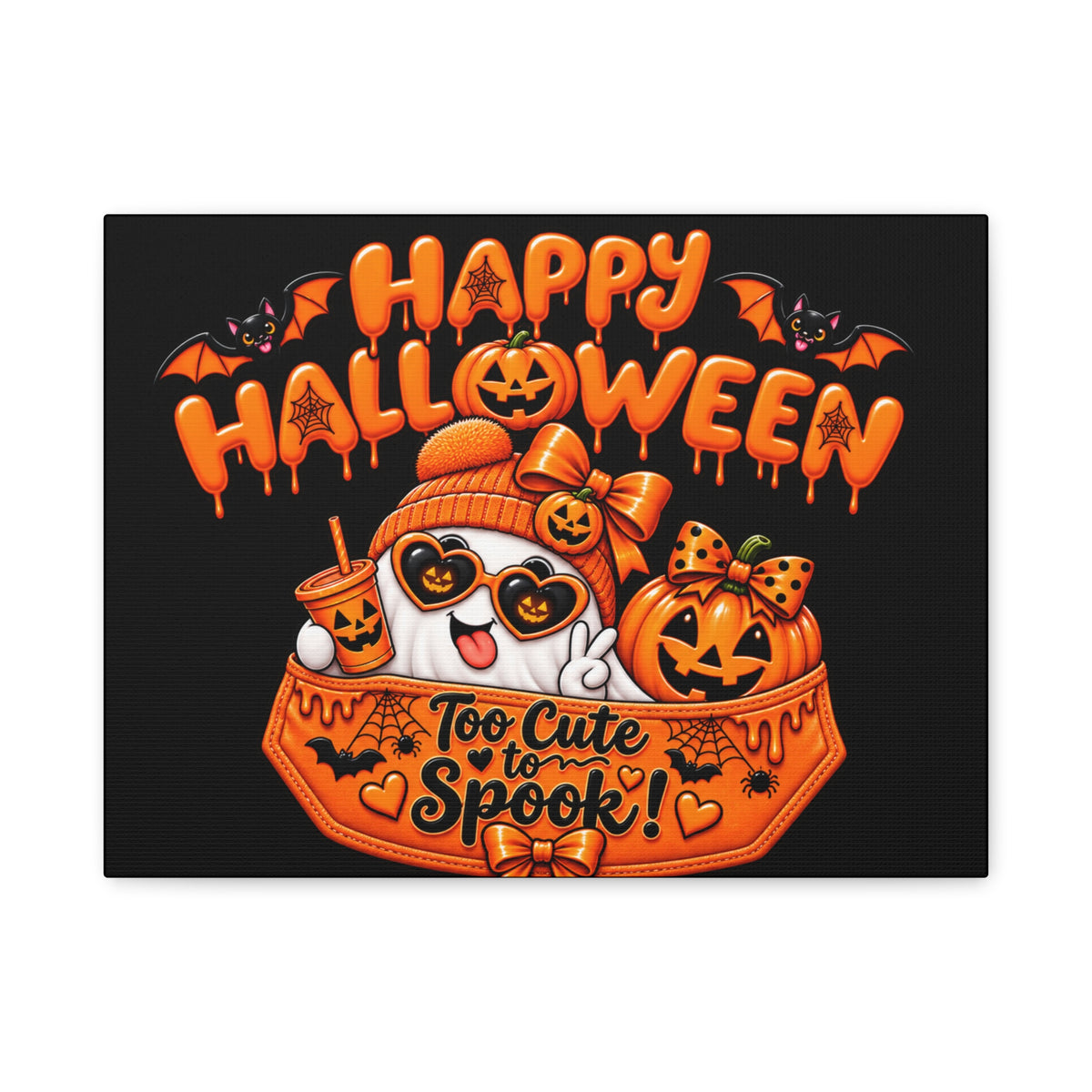 Happy Halloween Canvas — "Too Cute to Spook!" Kawaii Pumpkin Ghost Wall Art