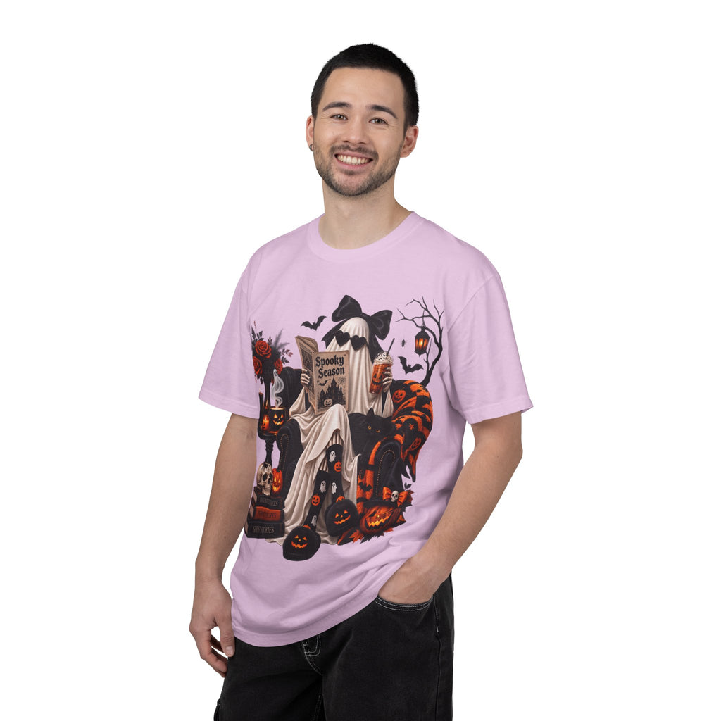 Halloween Ghost Reading T-Shirt — Spooky Pumpkin & 'Spooky Season' Graphic