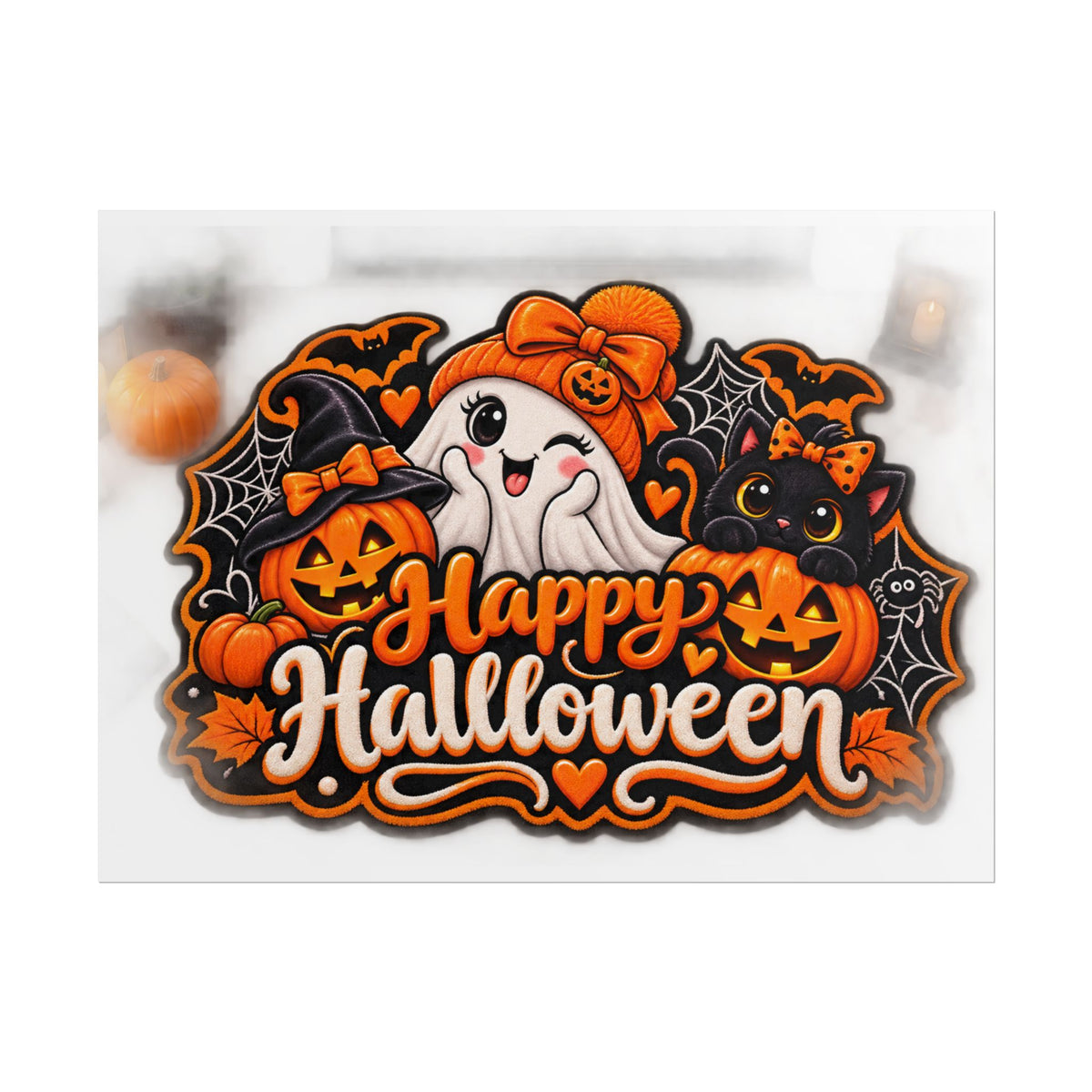Happy Halloween Rolled Poster — Cute Ghost, Pumpkins & Black Cat Halloween Wall Art